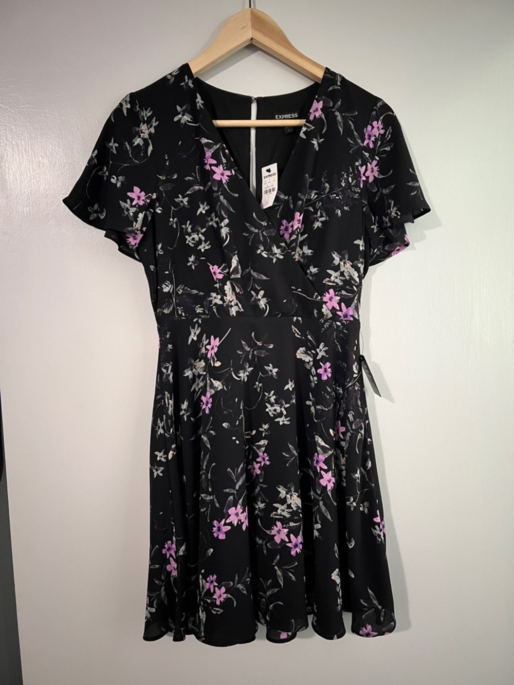 Express Black Mini Dress with Purple Floral Print